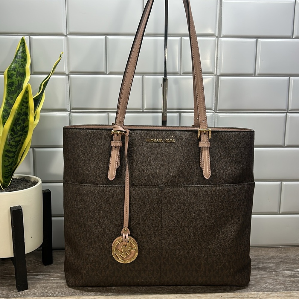 Michael Kors Brown Logo Tote with Light Pink Trim